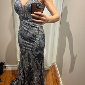 Elegant Silver-Embellished Slate Evening Gown